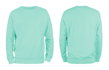 Men's turquoise blank sweatshirt template,from two sides, natural shape on invisible mannequin, for your design mockup for print, isolated on white background..