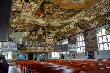 Church of Sacred Heart of Jesus in Stegna interior view towards the organ and ship model hanging...