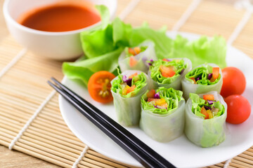 Colorful fresh vegetables salad spring roll, Healthy vegan food