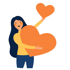 Young woman hugs and holding few heart with love and care. Girl with long hair holds orange heart in her hands. Self care and body positive concept. flat vector illustration	