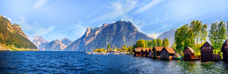 Fototapeta premium Austrian Alps-view of the lake Traunsee from town Ebensee