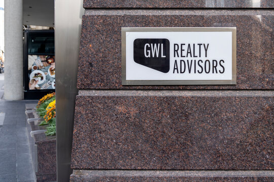 Toronto, Canada - October 28, 2020: GWL Realty Advisors sign is seen outside their headquarters in Toronto, Canada. GWL Realty Advisors is a Canadian real estate company.  
