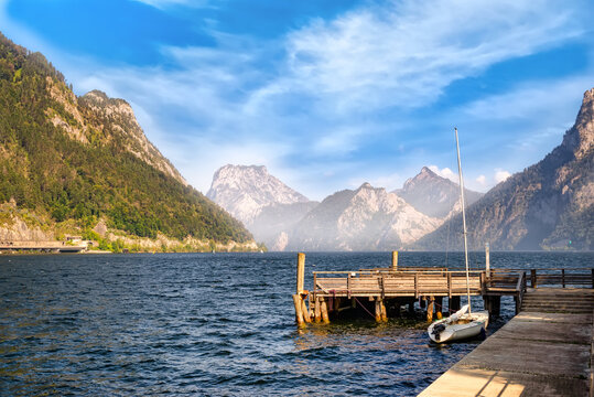 Austrian Alps-view of the lake Traunsee from town Ebensee