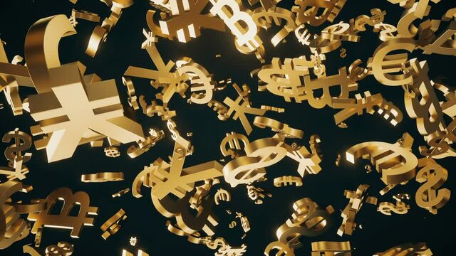 Golden 3d currencies and bitcoin symbols floating on a black background loop
