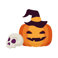 halloween pumpkin wearing witch hat and skull