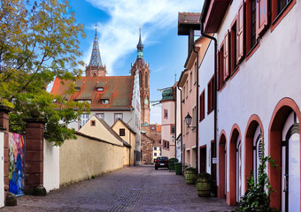 Fototapeta na wymiar A narrow street in the medieval village Villingen-Schwenningen in Black Forest, Germany
