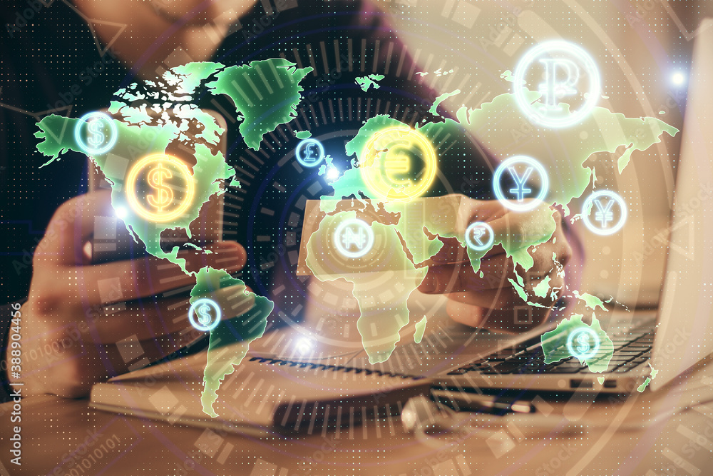 Poster double exposure of man's hands holding and using a phone and financial graph drawing. analysis conce
