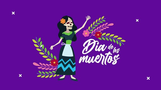 dia de los muertos celebration with female skull and flowers