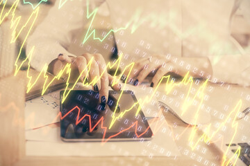 Double exposure of forex chart sketch hologram and woman holding and using a mobile device. Financial market concept.