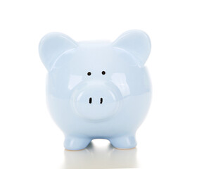 A blue piggy bank on white background