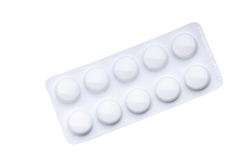 full pill or tablet blister isolated on a white background. above view. cut out
