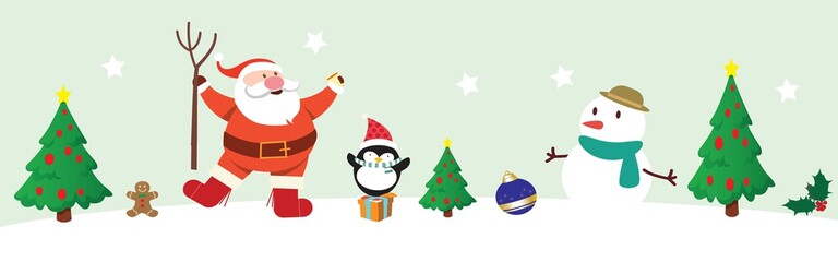 santa claus, snowman and penguin and references to christmas