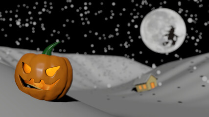 Halloween pumpkin with blur cottage, flying witch and full moon in snowy night (3D Rendering)