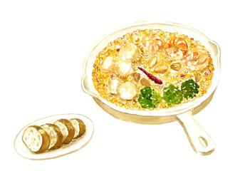 アヒージョとバゲットの水彩イラスト