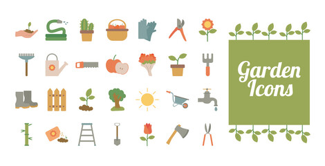 lettering with bundle of gardening tools flat style icons
