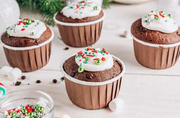 Chocolate Christmas cupcake with colored sugar topping