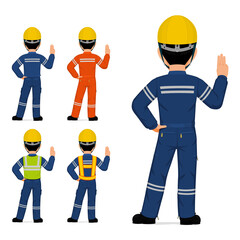 Set of industrial worker gesturing swear on white background