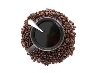Looking down on a pile of coffee beans on a white background