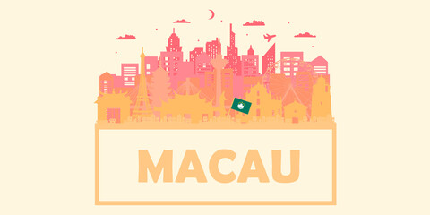 Naklejka premium Macau Travel Ticket Postcard, poster, tour advertising of world-famous landmarks of Macau. Vector illustration.