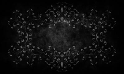black grunge expensive vintage magic mysterious background with ornate patterns, frame, shading and place for text