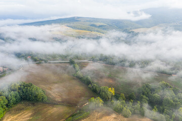 Aerial view of a cloudy morning in Monteleone D'orvieto. Tuscany, Italy.