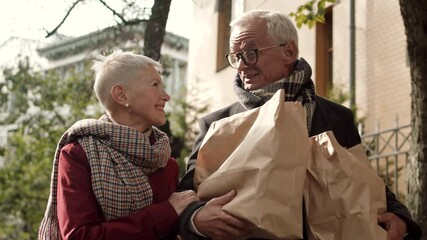 Medium close-up of senior Caucasian man in glasses carrying paper grocery bags talking to his white-haired wife holding husband by hand. Family couple smiling, talking, walking home - Powered by Adobe