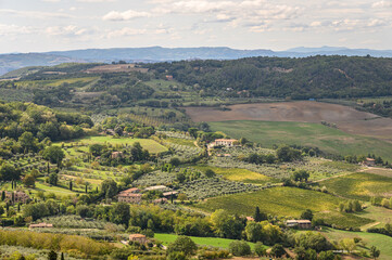 Fototapeta na wymiar Houses and green fields in Montepulciano. Tuscany, Italy..