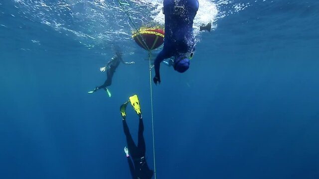 Freedivers work out along the rope and descend. Freediving in the famous Blue Hole in the Red Sea in Egypt