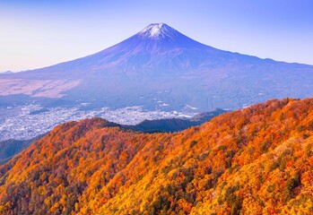 Mount Fuji and Fujiyoshida City in autumn view from the top of Mt. Mitsutoge