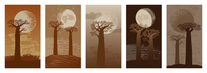 Set of backgrounds for the insta stories social media platform. Banner with abstract shapes, textures, baobabs, and moon. Visual design for your online communities, personal blog, store, advertising.