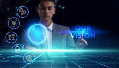 Business, technology, internet and network concept. Young businessman thinks over the steps for successful growth: Our vision