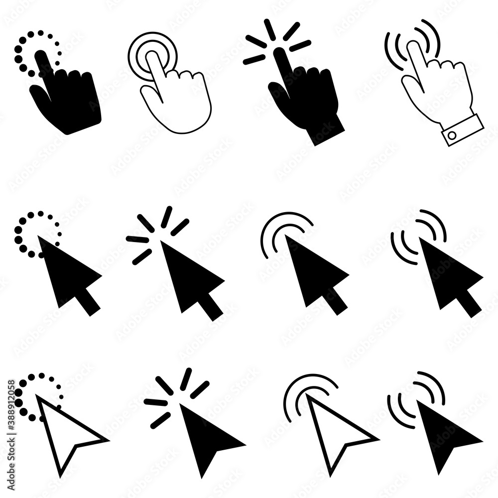 Poster vector set of computer cursors. fingers and arrows. website click symbol. stock image. eps 10