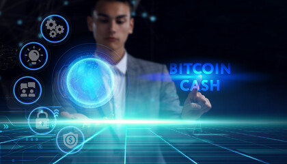 Business, technology, internet and network concept. Young businessman thinks over the steps for successful growth: Bitcoin cash