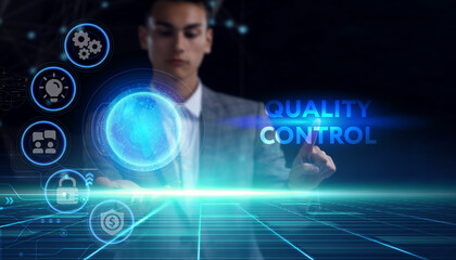 Business, technology, internet and network concept. Young businessman thinks over the steps for successful growth: Quality control