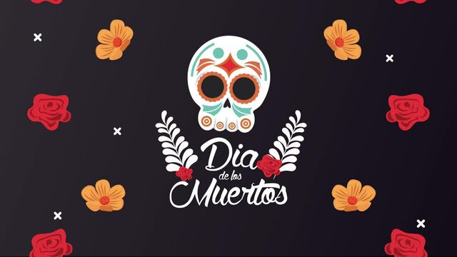 dia de los muertos lettering celebration with skull head and flowers