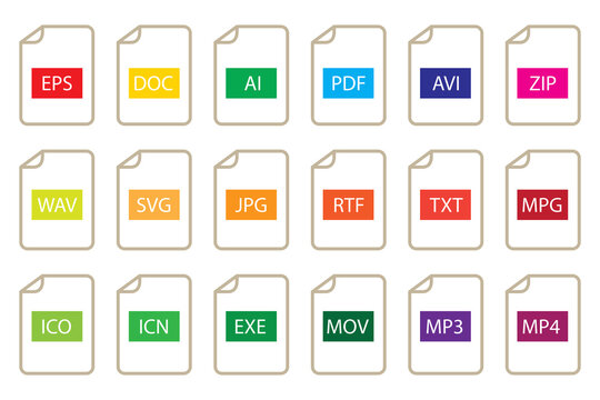 Vector set of file formats icons. Different types of documents. Extension types. Stock image. EPS 10