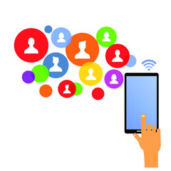 hands squeeze the smartphone and the icon of the person in the colorful bubble next to it