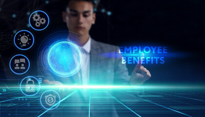 Business, technology, internet and network concept. Young businessman thinks over the steps for successful growth: Employee benefits