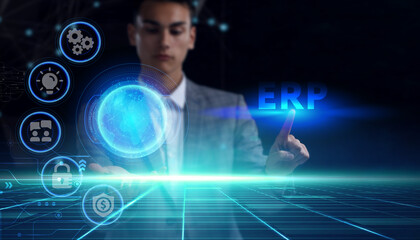 Business, technology, internet and network concept. Young businessman thinks over the steps for successful growth: ERP