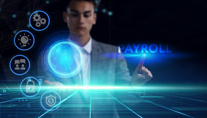 Business, technology, internet and network concept. Young businessman thinks over the steps for successful growth: Payroll