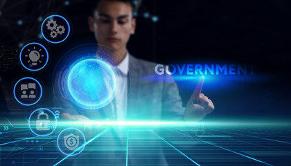 Business, technology, internet and network concept. Young businessman thinks over the steps for successful growth: Government