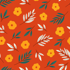Cute Yellow Flowers & Leaves Seamless Pattern with Red Background