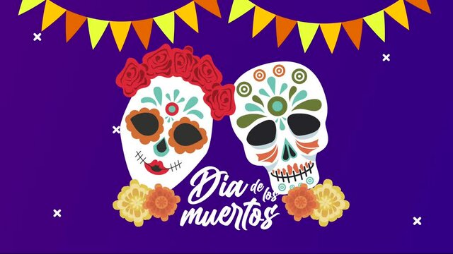 dia de los muertos lettering celebration with skulls heads and garlands