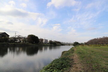 Fototapeta na wymiar 日本の埼玉県蓮田市付近を流れる元荒川の岸辺の風景