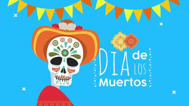 dia de los muertos lettering celebration with skull wearing hat and garlands