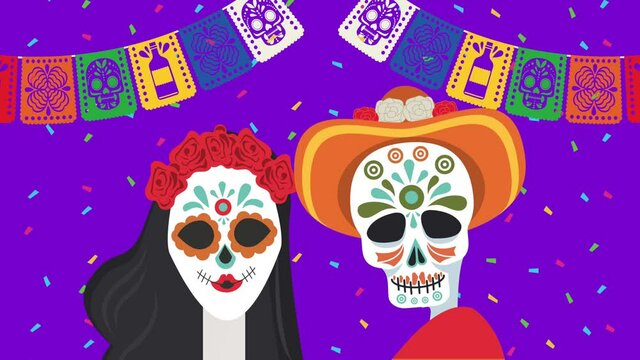 dia de los muertos celebration with skulls couple and garlands