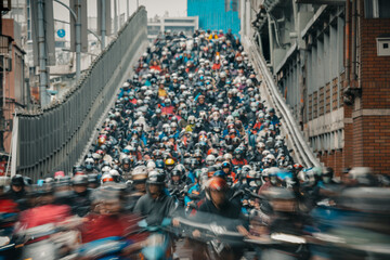 Motorcycles go down the Taipei bridge during rush hour in the morning