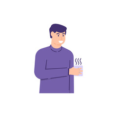 illustration of man wearing sweater and holding a cup of coffee to drink. people are cold and wear warm clothes. activity in winter. flat style. design elements.