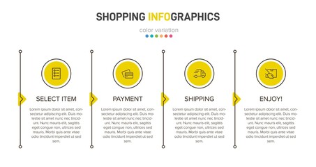 Concept of shopping process with 4 successive steps. Four colorful graphic elements. Timeline design for brochure, presentation, web site. Infographic design layout.