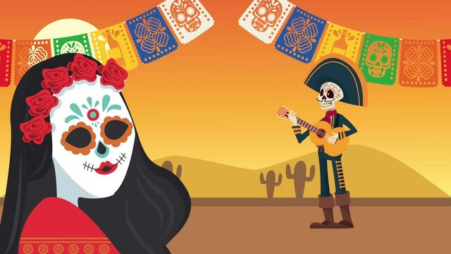 dia de los muertos celebration with katrina and mariachi skulls